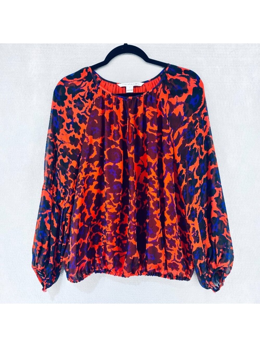 DVF Silk Top Womens S Multicolor Floral Puff Sleeve Elastic Waist Luxury Career